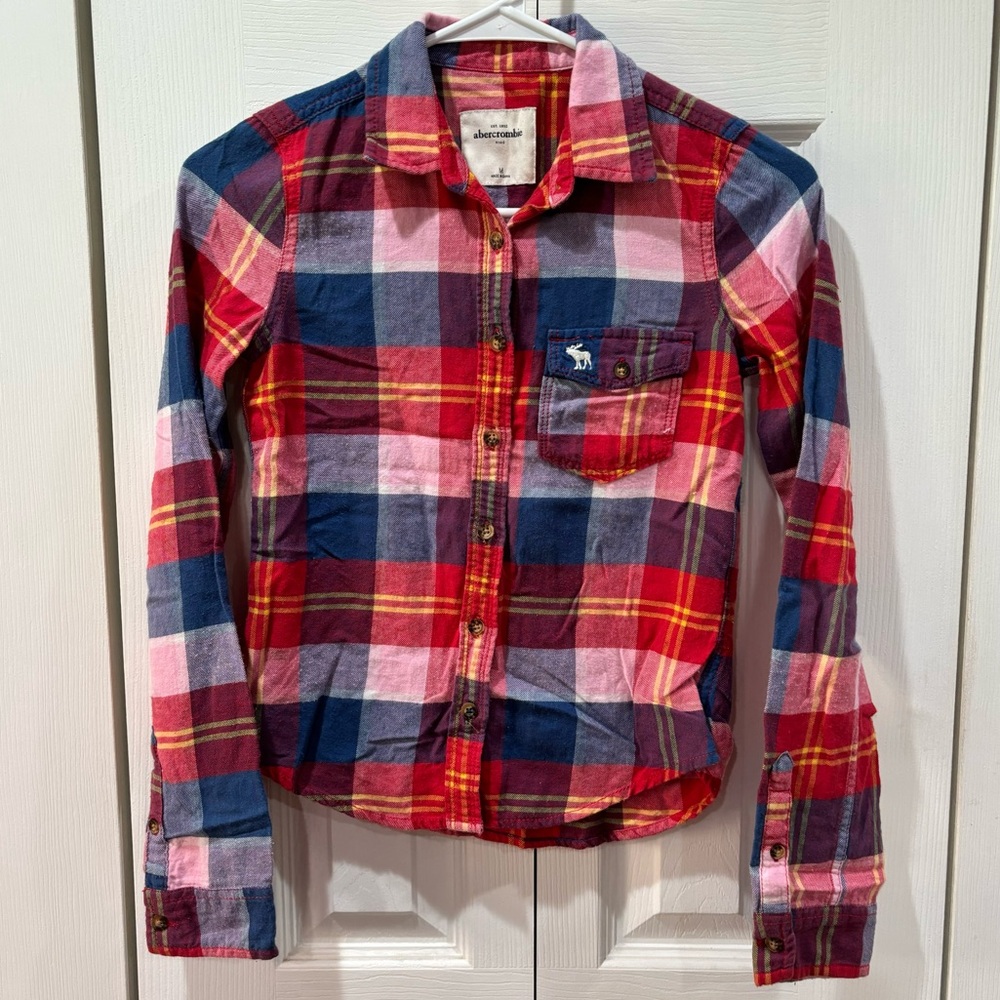 ABERCROMBIE KIDS Girl’s Multicolor Long Sleeve Button Down Plaid Flannel -size M